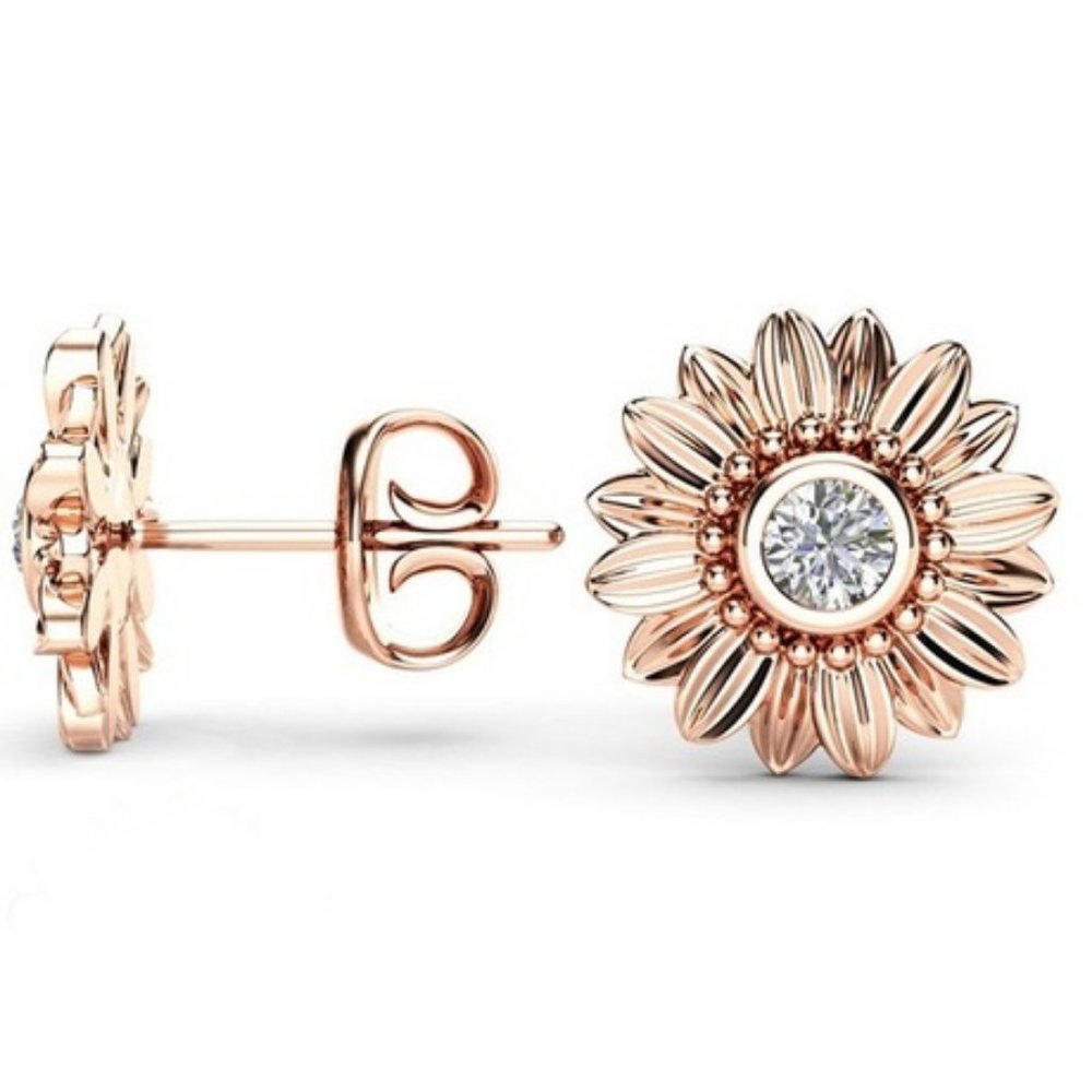 NEW 18K Rose Gold Diamond Sunflower Stud Earrings - Picture 3 of 4